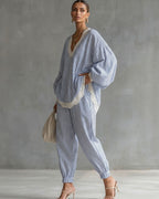 Vyla™ Striped Lace Trim Oversized Two-Piece Set Boho Coastal Chic Outfit