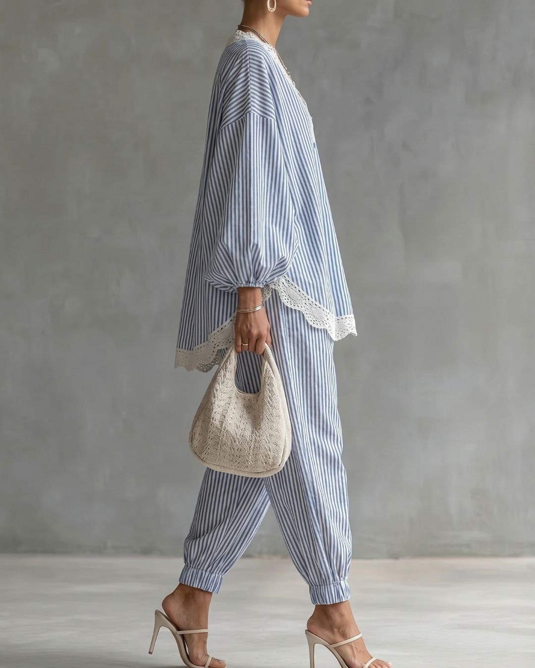 Vyla™ Striped Lace Trim Oversized Two-Piece Set Boho Coastal Chic Outfit