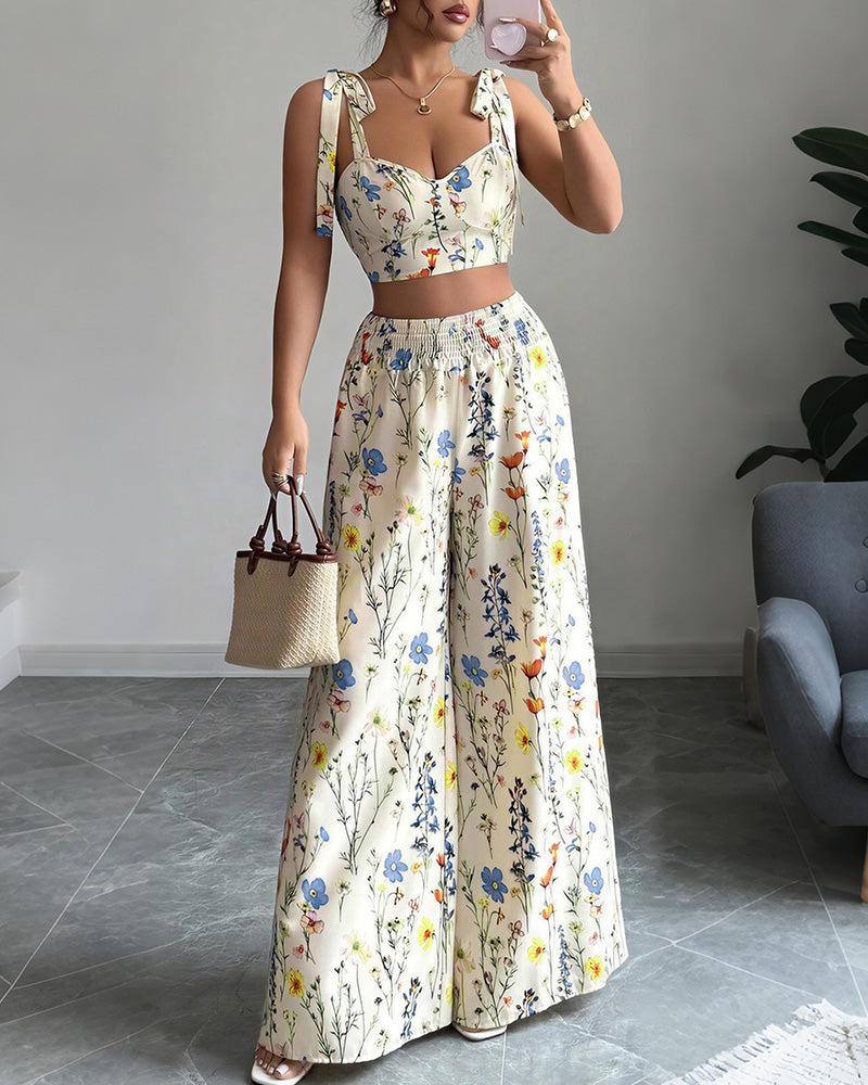 Vyla™ Summer Bloom Tie-Strap Crop Top & Wide Leg Pant Set