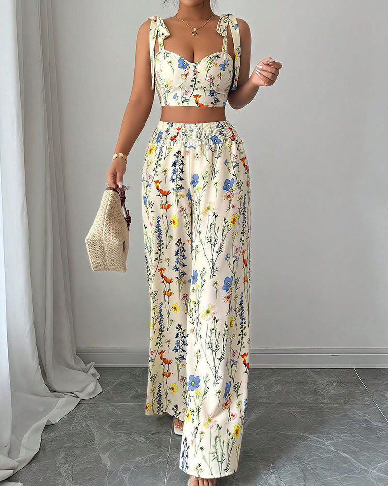 Vyla™ Summer Bloom Tie-Strap Crop Top & Wide Leg Pant Set