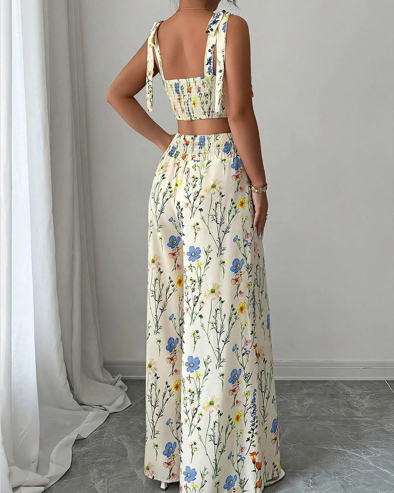 Vyla™ Summer Bloom Tie-Strap Crop Top & Wide Leg Pant Set