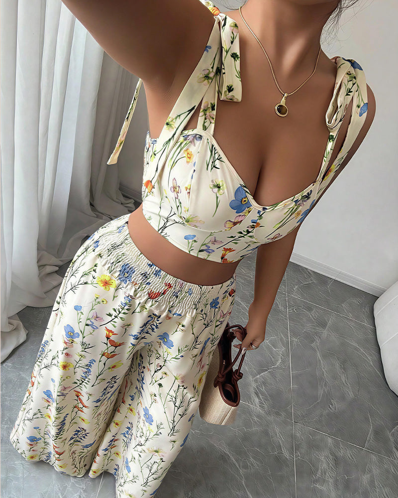 Vyla™ Summer Bloom Tie-Strap Crop Top & Wide Leg Pant Set