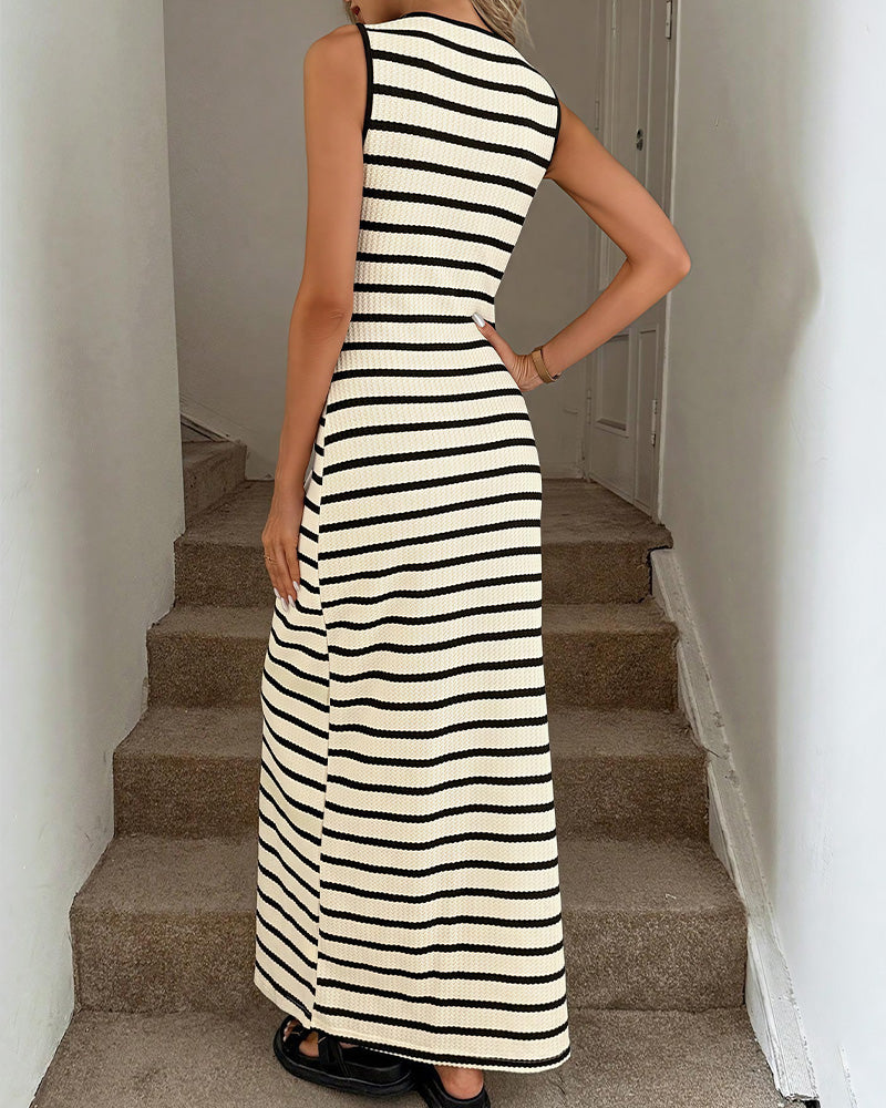Vyla™ French Striped Sleeveless Knit Button-Down Maxi Dress
