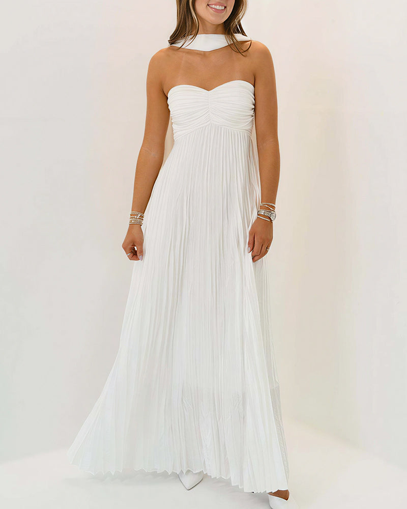 Vyla™ Pleated Halter Neck Corset Back Maxi Party Dress