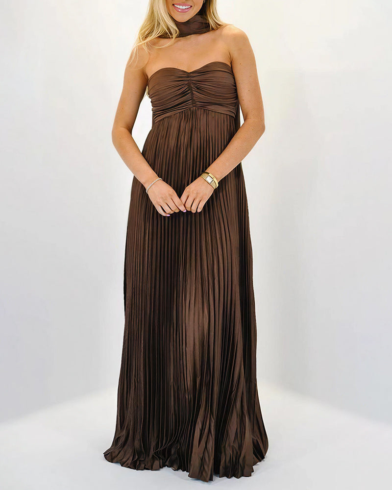 Vyla™ Pleated Halter Neck Corset Back Maxi Party Dress