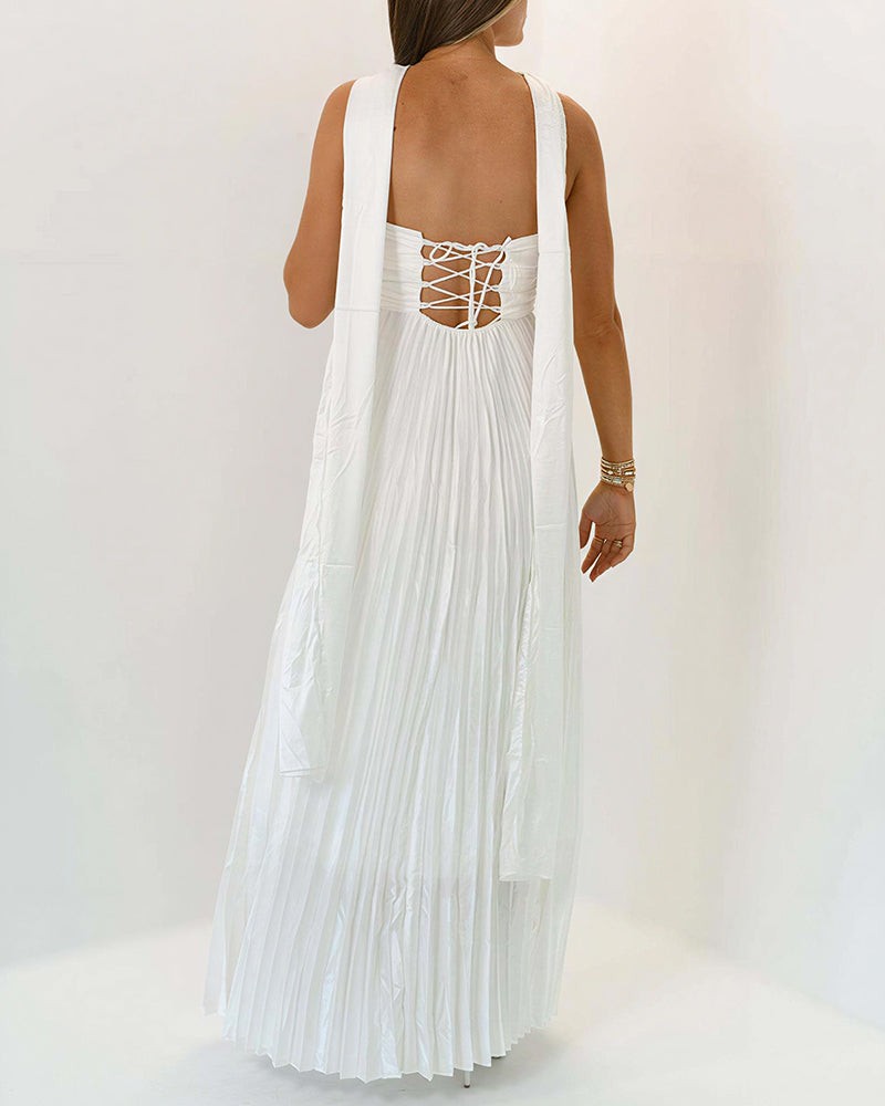 Vyla™ Pleated Halter Neck Corset Back Maxi Party Dress