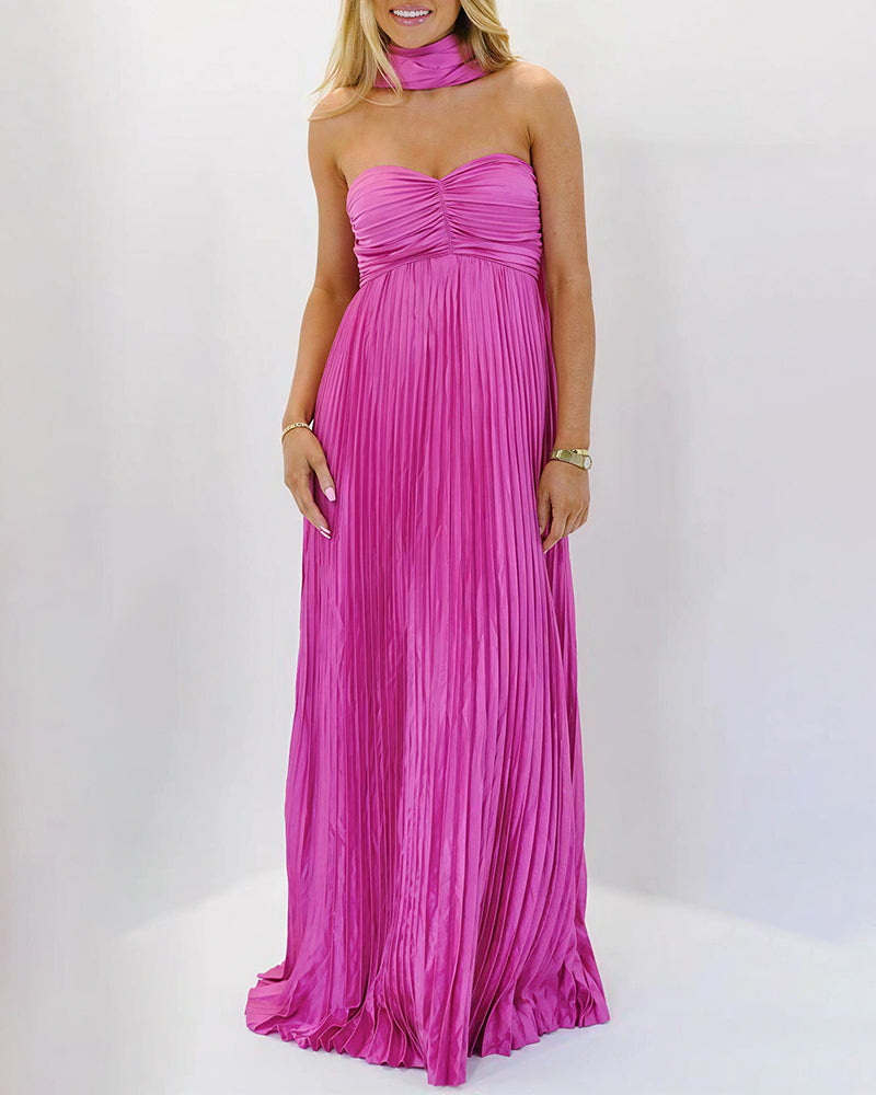 Vyla™ Pleated Halter Neck Corset Back Maxi Party Dress