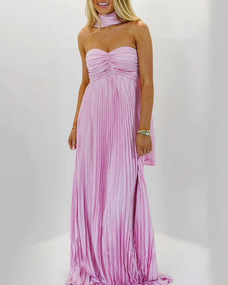 Vyla™ Pleated Halter Neck Corset Back Maxi Party Dress