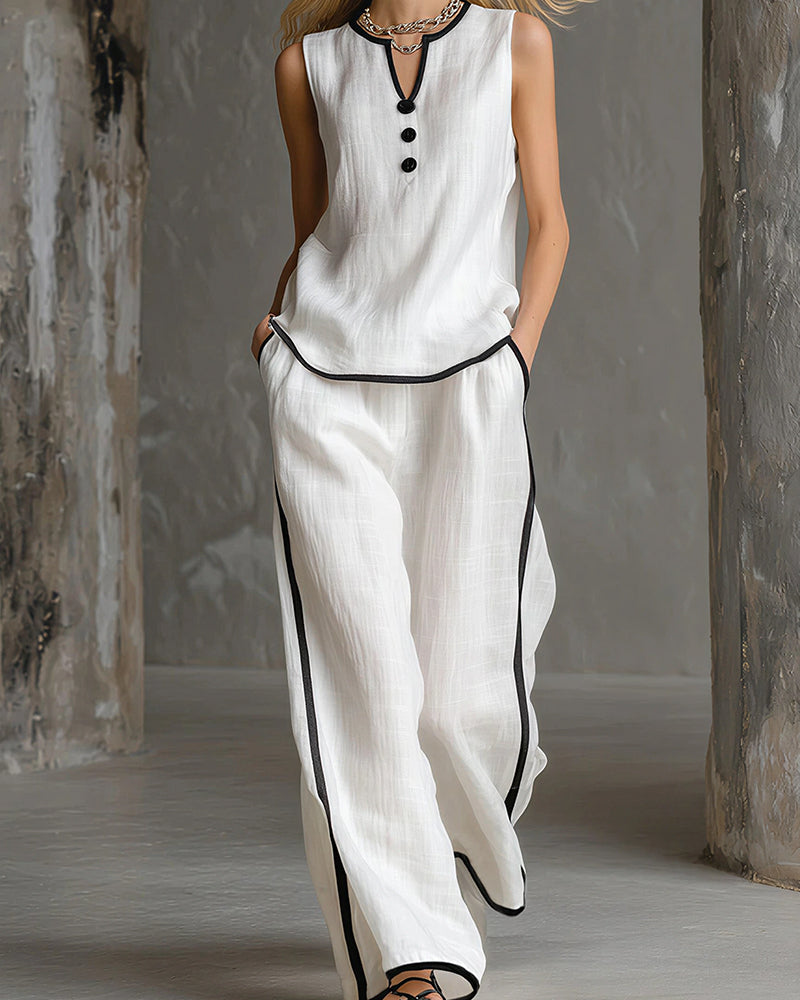 Vyla™ Contrast Edge Sleeveless V-Neck Top & Wide-Leg Pants Set