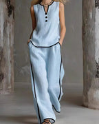 Vyla™ Contrast Edge Sleeveless V-Neck Top & Wide-Leg Pants Set