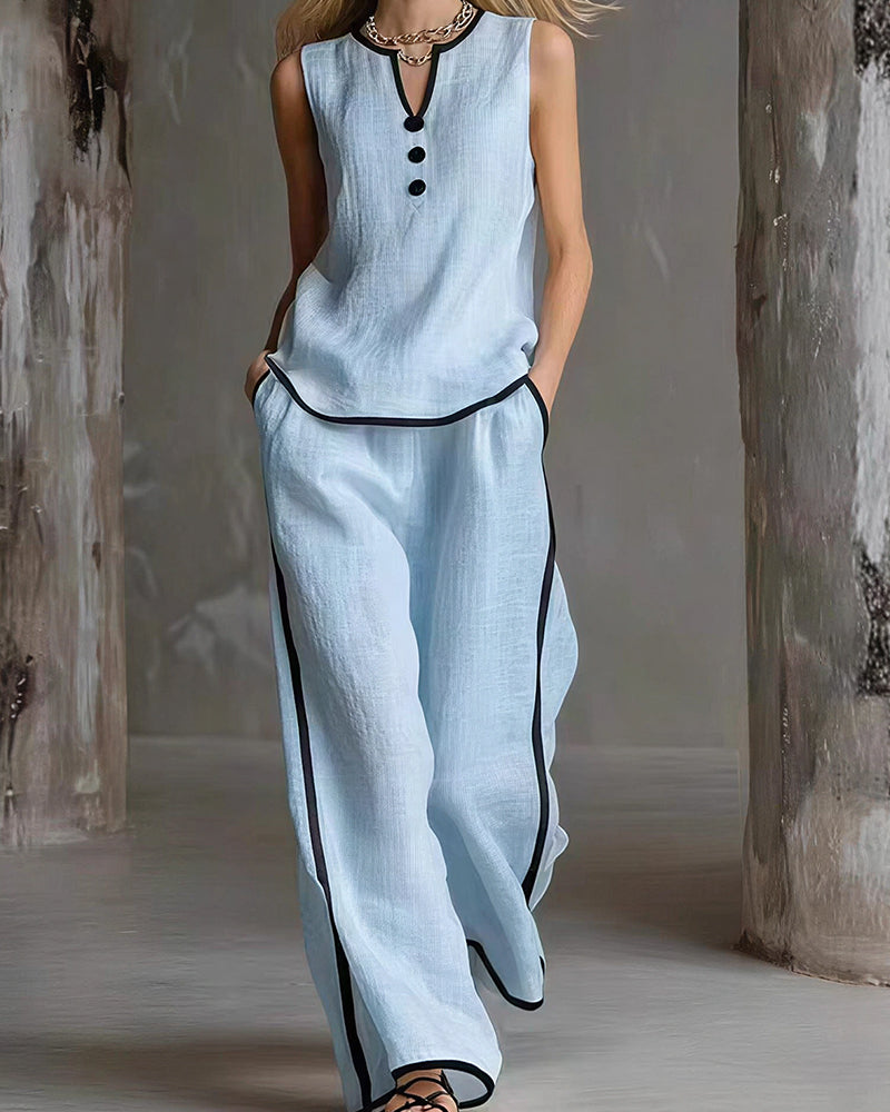 Vyla™ Contrast Edge Sleeveless V-Neck Top & Wide-Leg Pants Set