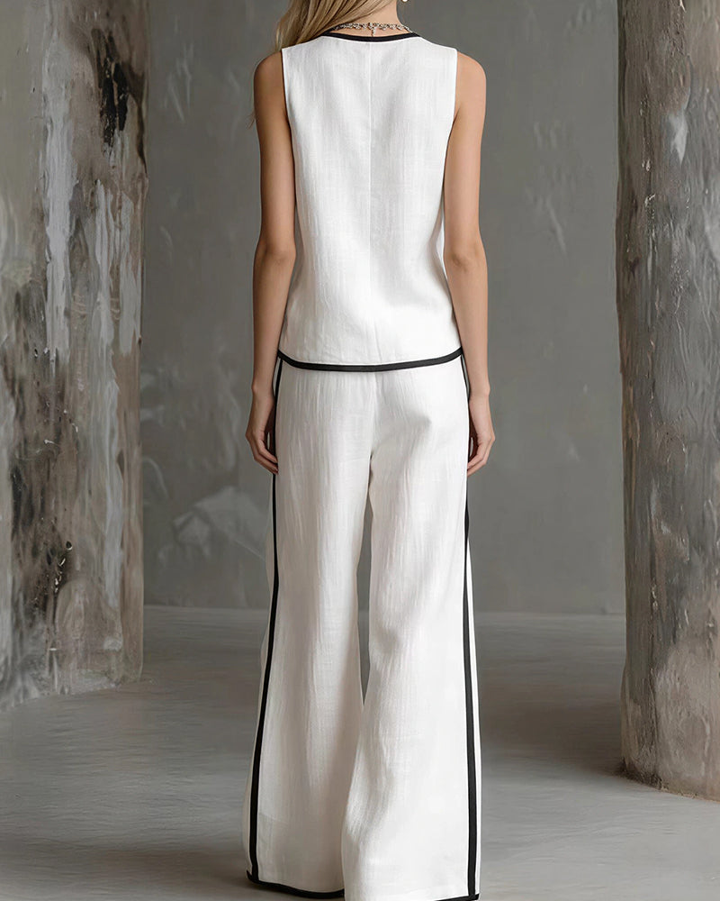 Vyla™ Contrast Edge Sleeveless V-Neck Top & Wide-Leg Pants Set