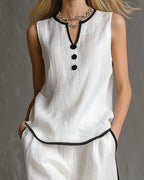 Vyla™ Contrast Edge Sleeveless V-Neck Top & Wide-Leg Pants Set