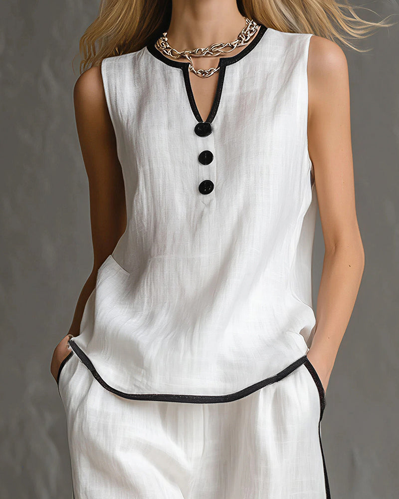 Vyla™ Contrast Edge Sleeveless V-Neck Top & Wide-Leg Pants Set