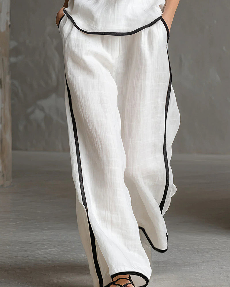 Vyla™ Contrast Edge Sleeveless V-Neck Top & Wide-Leg Pants Set