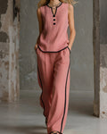 Vyla™ Contrast Edge Sleeveless V-Neck Top & Wide-Leg Pants Set