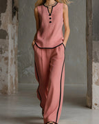 Vyla™ Contrast Edge Sleeveless V-Neck Top & Wide-Leg Pants Set