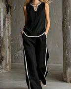 Vyla™ Contrast Edge Sleeveless V-Neck Top & Wide-Leg Pants Set