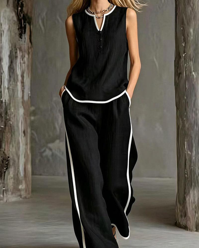 Vyla™ Contrast Edge Sleeveless V-Neck Top & Wide-Leg Pants Set