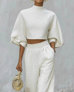 Vyla™ Textured Two-Piece Set: Puff Sleeve Crop Top & Wide Leg Pants