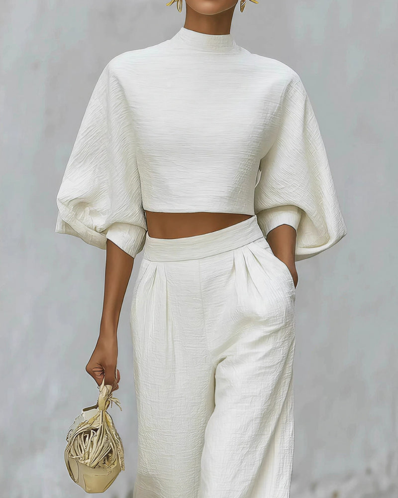 Vyla™ Textured Two-Piece Set: Puff Sleeve Crop Top & Wide Leg Pants