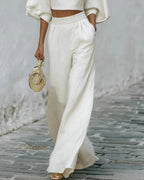 Vyla™ Textured Two-Piece Set: Puff Sleeve Crop Top & Wide Leg Pants