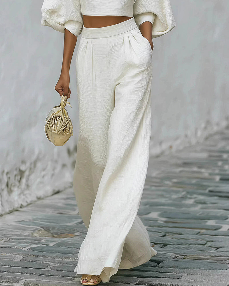 Vyla™ Textured Two-Piece Set: Puff Sleeve Crop Top & Wide Leg Pants