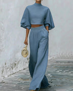Vyla™ Textured Two-Piece Set: Puff Sleeve Crop Top & Wide Leg Pants