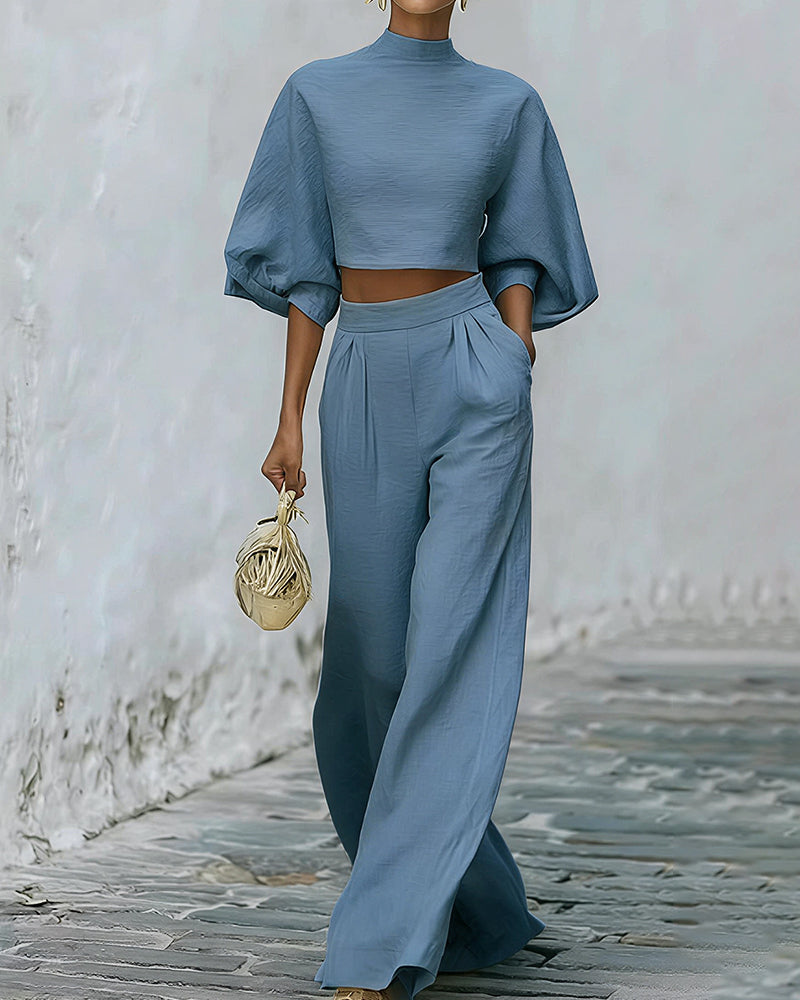 Vyla™ Textured Two-Piece Set: Puff Sleeve Crop Top & Wide Leg Pants