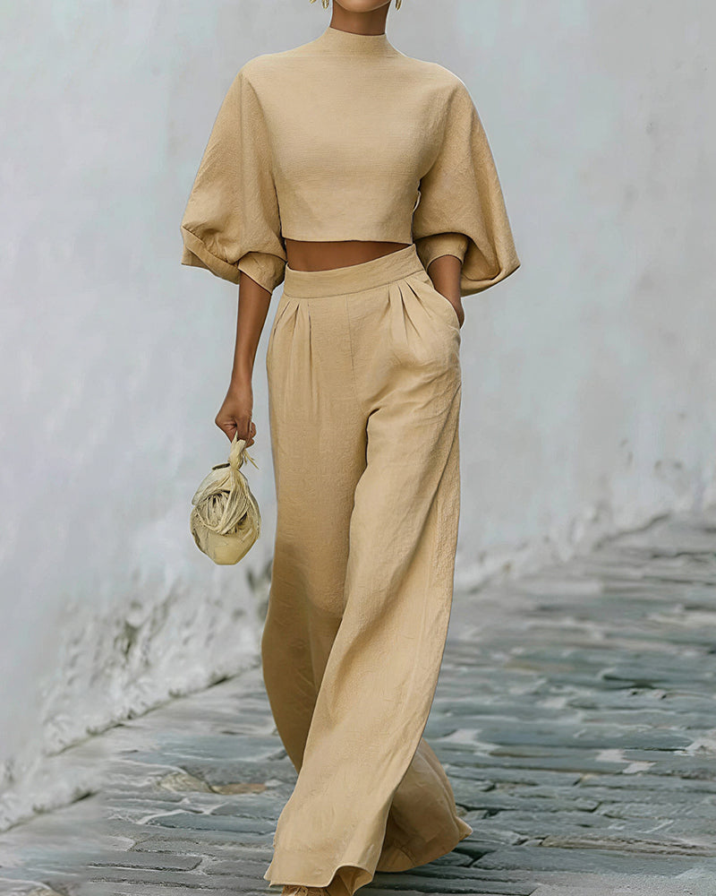 Vyla™ Textured Two-Piece Set: Puff Sleeve Crop Top & Wide Leg Pants