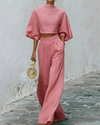 Vyla™ Textured Two-Piece Set: Puff Sleeve Crop Top & Wide Leg Pants
