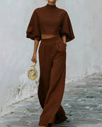 Vyla™ Textured Two-Piece Set: Puff Sleeve Crop Top & Wide Leg Pants