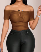 Vyla™ Off-Shoulder Metal Hardware Ruched Slim Fit T-Shirt