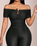 Vyla™ Off-Shoulder Metal Hardware Ruched Slim Fit T-Shirt
