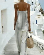 Vyla™ Striped V-Neck Wrap Cami & Wide Leg Pants Two-Piece Resort Set