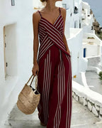 Vyla™ Striped V-Neck Wrap Cami & Wide Leg Pants Two-Piece Resort Set