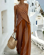 Vyla™ Striped V-Neck Wrap Cami & Wide Leg Pants Two-Piece Resort Set