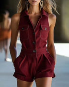 Vyla™ Sleeveless V-Neck Button-Down Romper Summer Casual Shorts Jumpsuit