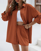Vyla™ Long Sleeve Button-Down Shirt & High Waist Shorts Casual 2-Piece Set