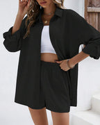 Vyla™ Long Sleeve Button-Down Shirt & High Waist Shorts Casual 2-Piece Set