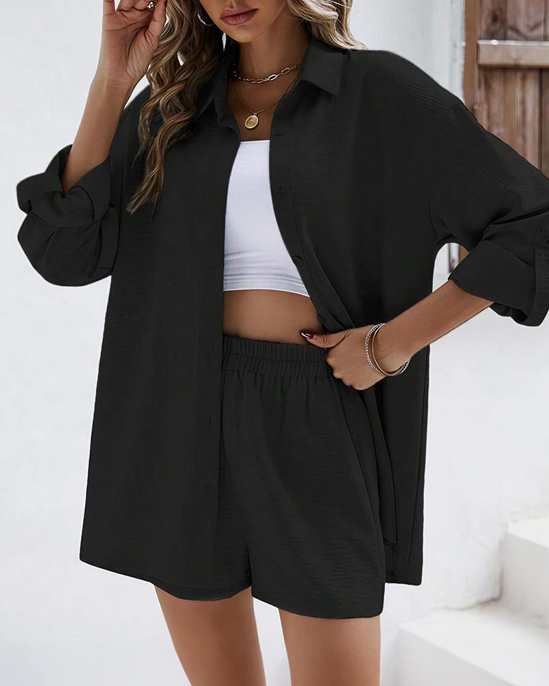 Vyla™ Long Sleeve Button-Down Shirt & High Waist Shorts Casual 2-Piece Set
