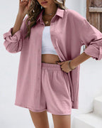 Vyla™ Long Sleeve Button-Down Shirt & High Waist Shorts Casual 2-Piece Set