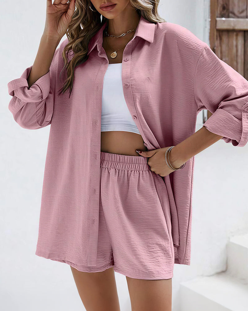 Vyla™ Long Sleeve Button-Down Shirt & High Waist Shorts Casual 2-Piece Set