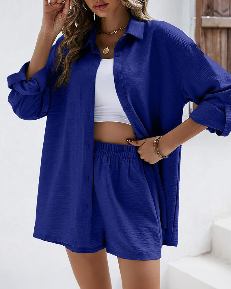 Vyla™ Long Sleeve Button-Down Shirt & High Waist Shorts Casual 2-Piece Set