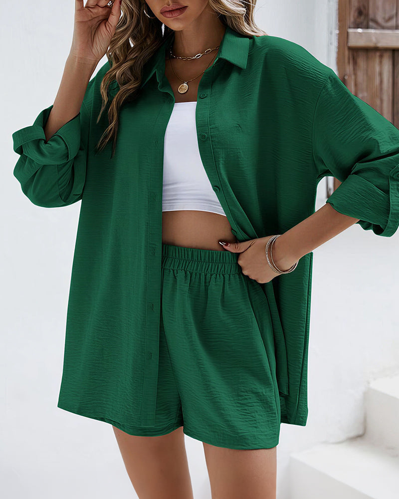 Vyla™ Long Sleeve Button-Down Shirt & High Waist Shorts Casual 2-Piece Set