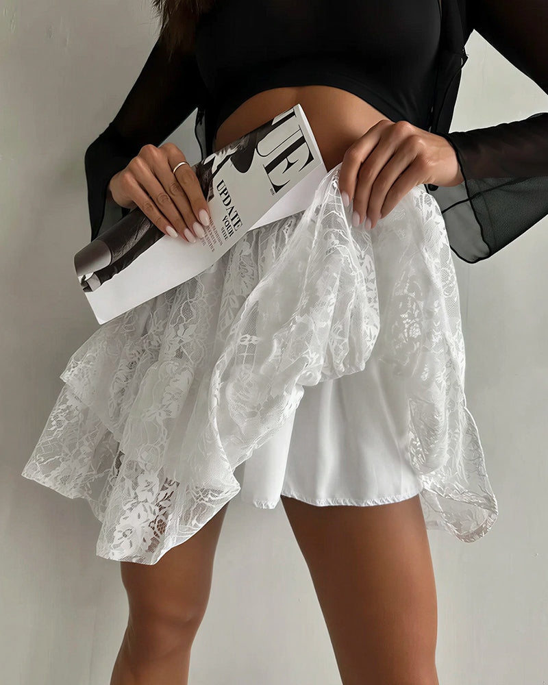 Vyla™ Coquette Floral Lace Tiered Mini Skirt
