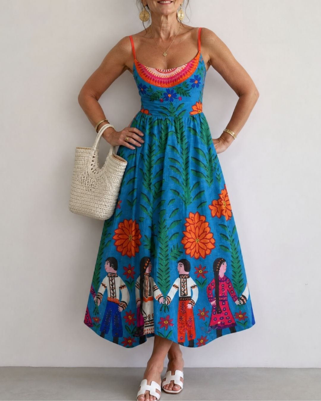Vyla™ Folk Print Sleeveless Midi Dress