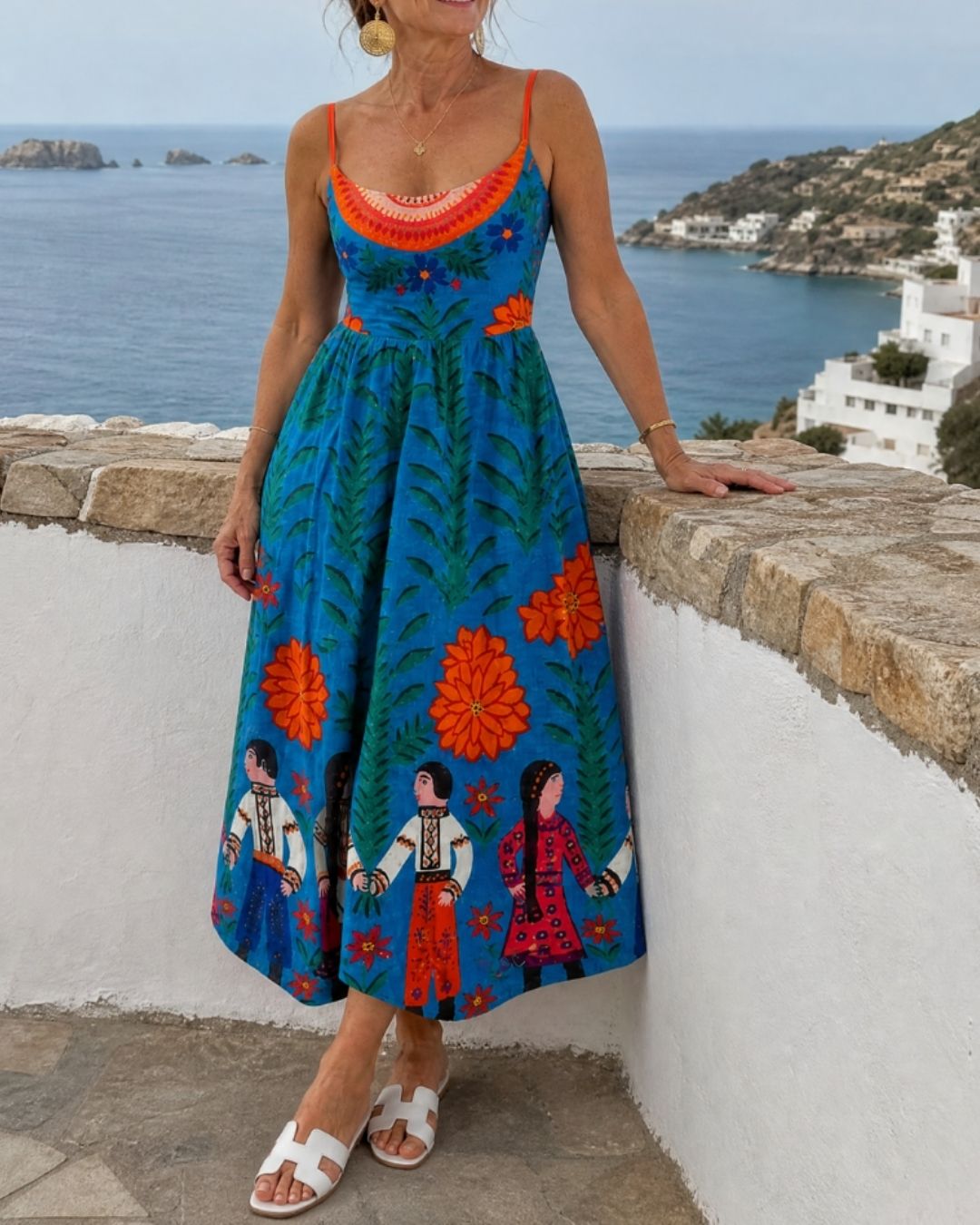 Vyla™ Folk Print Sleeveless Midi Dress