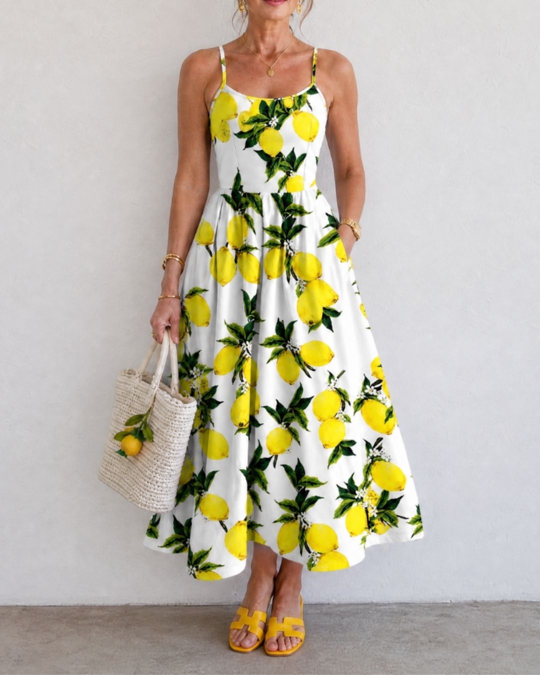 Vyla™ Lemon Print Sleeveless Midi Dress