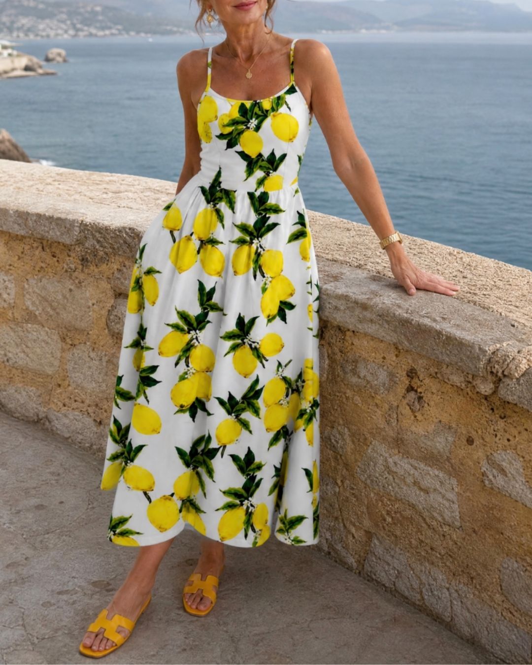 Vyla™ Lemon Print Sleeveless Midi Dress